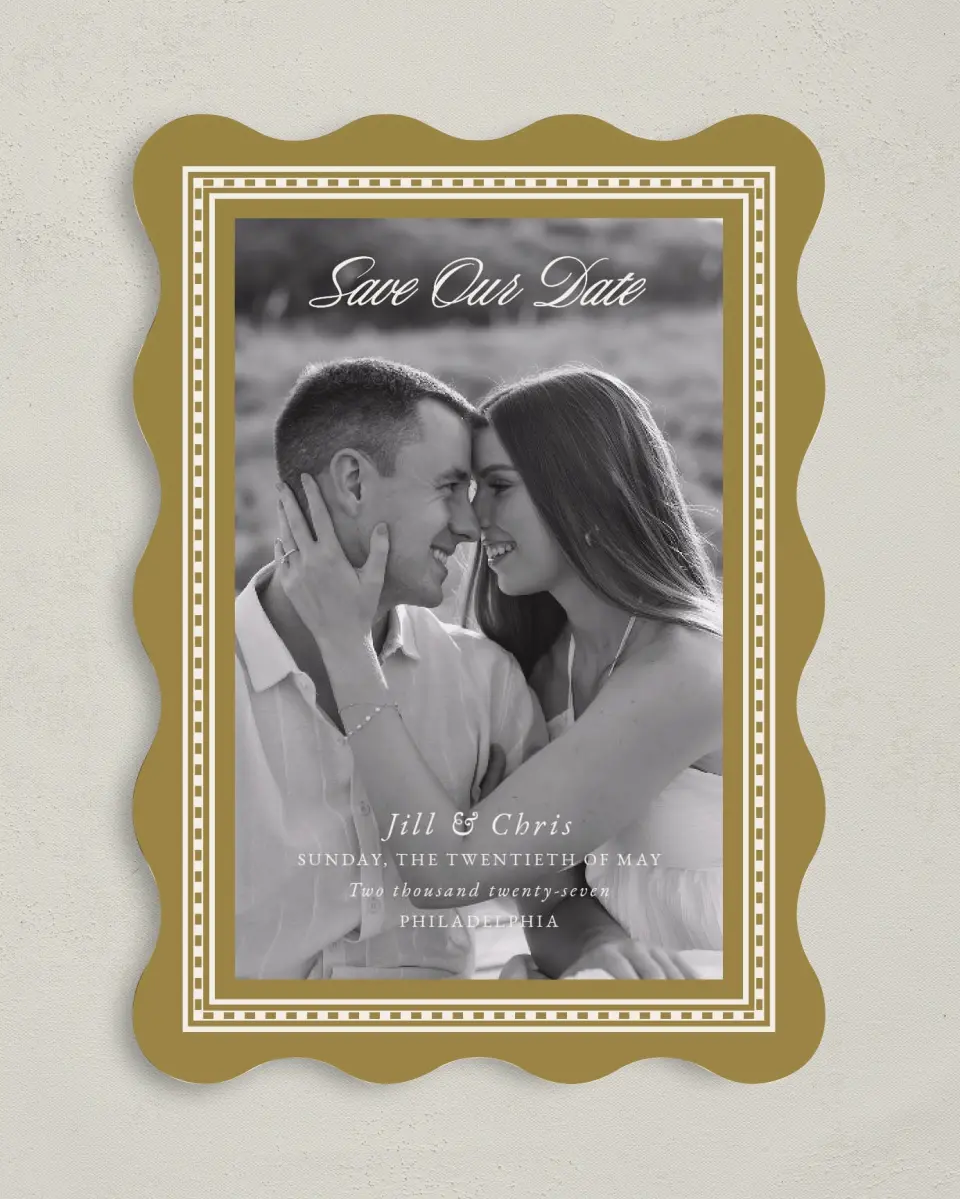 This is a 5" x 7" Save the Date Card called The Jillian printed in full color with Silver foil on Luxe Satin (coated) paper