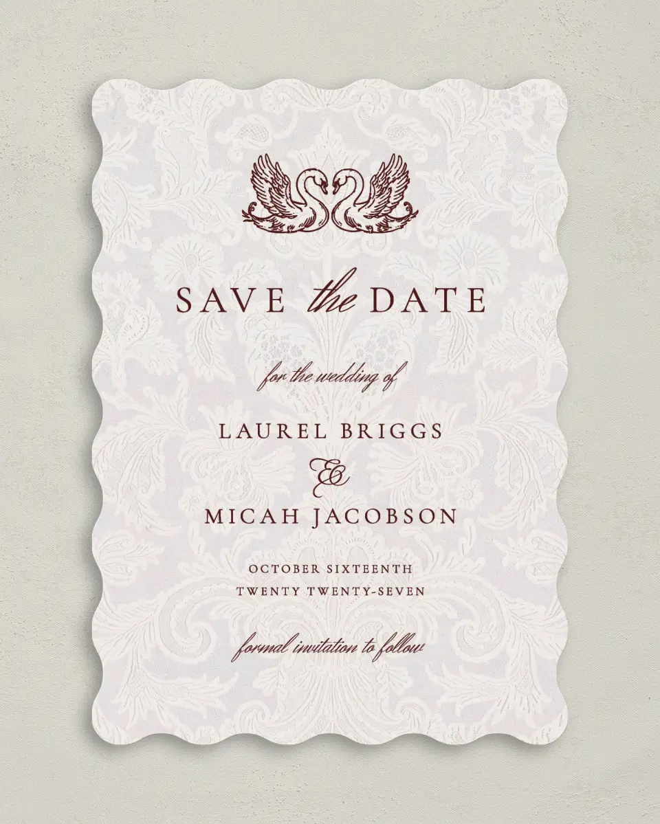 This is a 5" x 7" Save the Date Card called Swan Song printed in full color on Premium Smooth paper