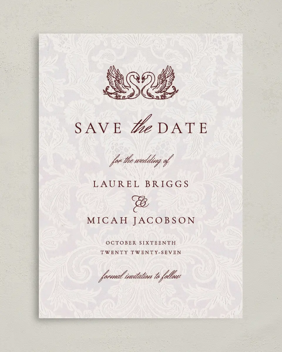 This is a 5" x 7" Save the Date Card called Swan Song printed in full color with Silver foil on Luxe Satin (coated) paper