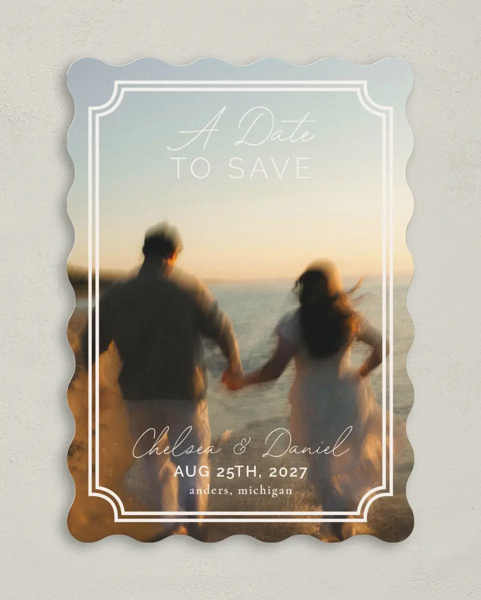This is a 5" x 7" Save the Date Card called The Chelsea printed in full color on Premium Smooth paper