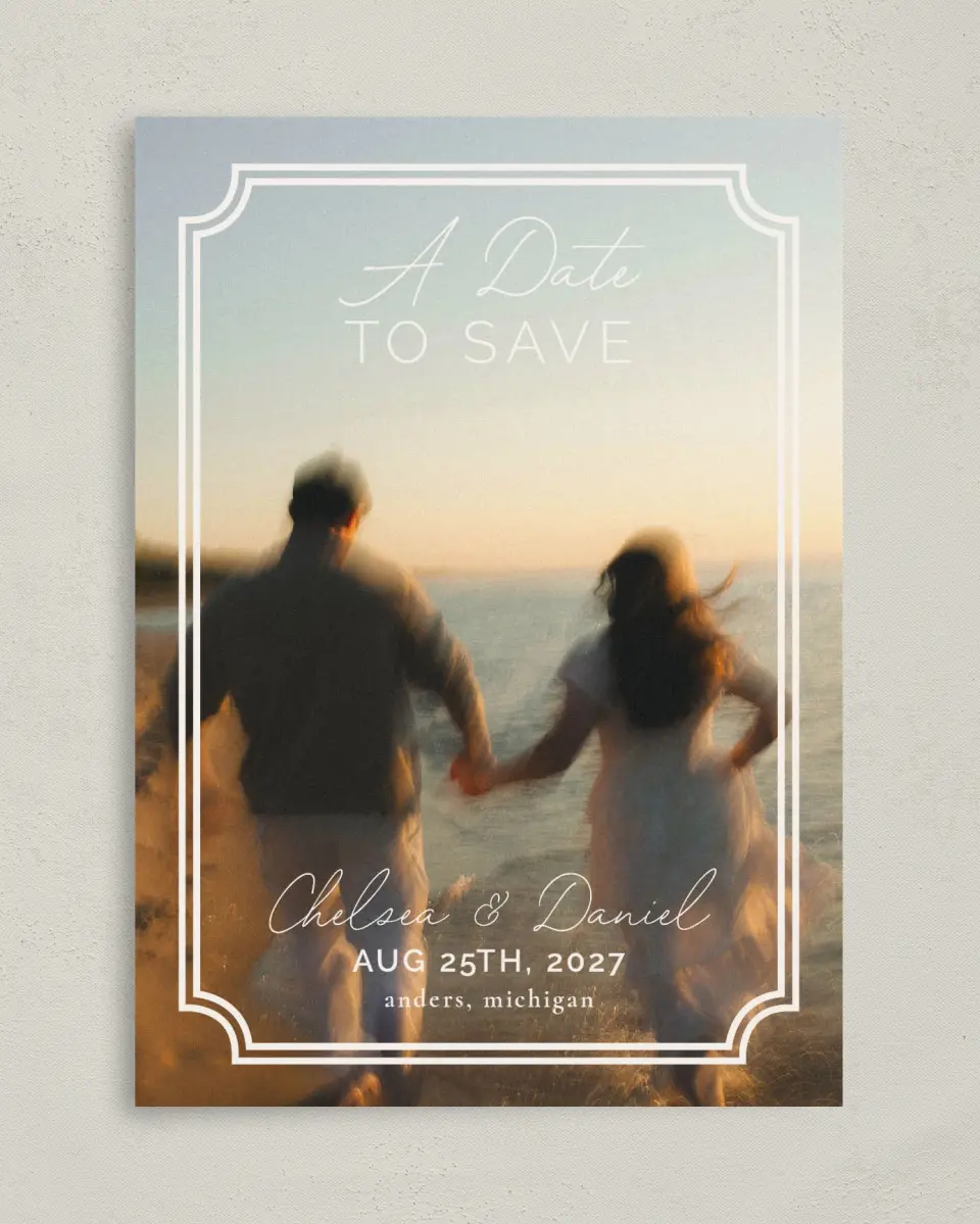 This is a 5" x 7" Save the Date Card called The Chelsea printed in full color on Premium Smooth paper