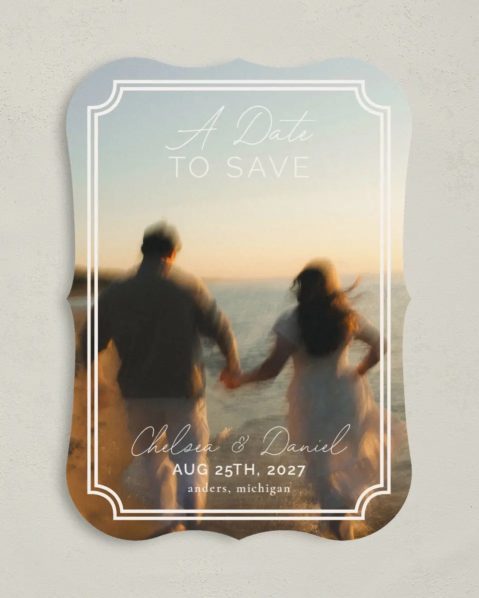 This is a 5" x 7" Save the Date Card called The Chelsea printed in full color on Premium Smooth paper