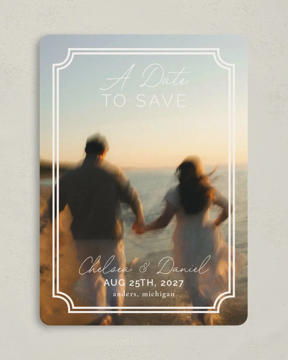This is a 5" x 7" Save the Date Card called The Chelsea printed in full color with Gold foil on Luxe Satin (coated) paper