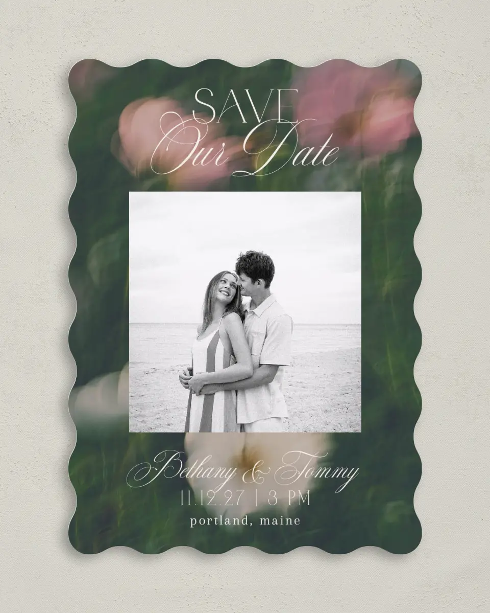 This is a 5" x 7" Save the Date Card called The Bethany printed in full color on Premium Smooth paper
