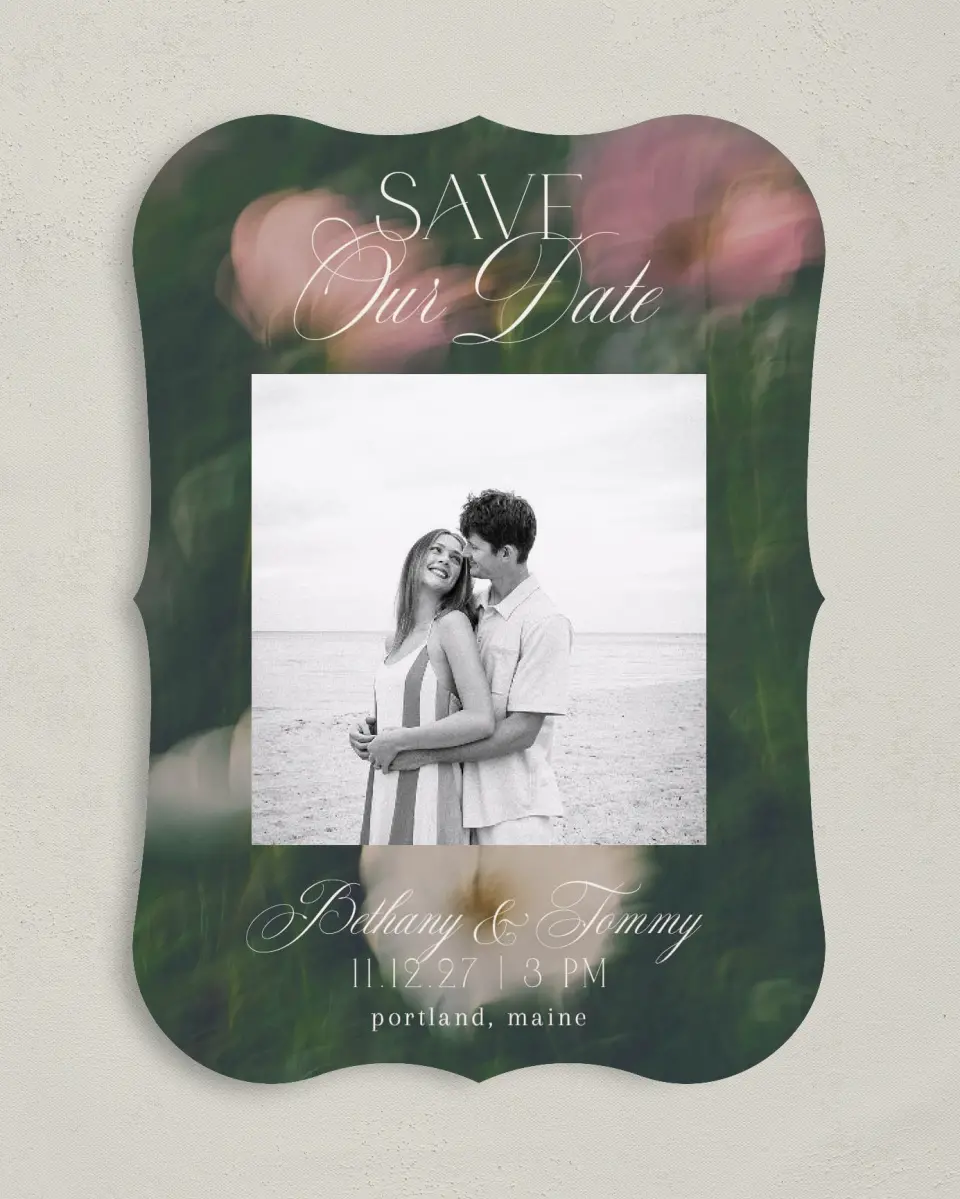 This is a 5" x 7" Save the Date Card called The Bethany printed in full color on Premium Smooth paper