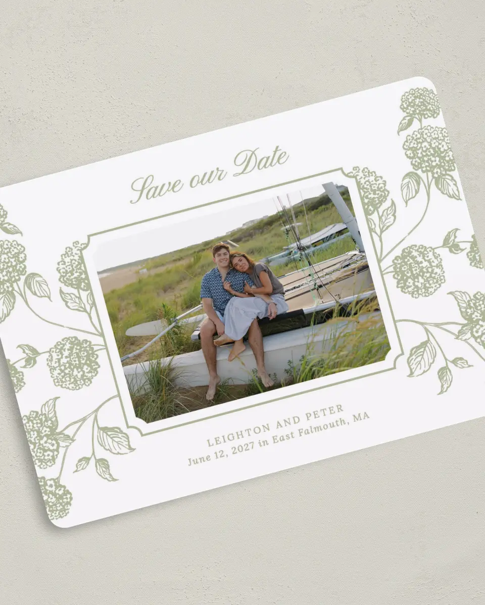 This is a 5" x 7" Save the Date Card called Harmonious Hydrangea printed in full color on Premium Smooth paper