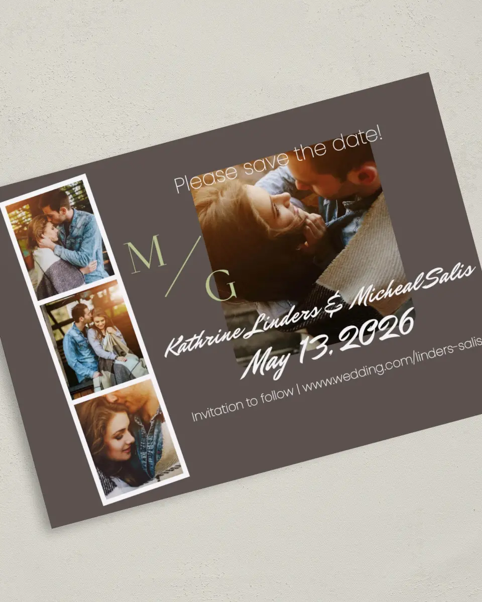This is a 5" x 7" Save the Date Card called A Photo Booth printed in full color on Premium Smooth paper