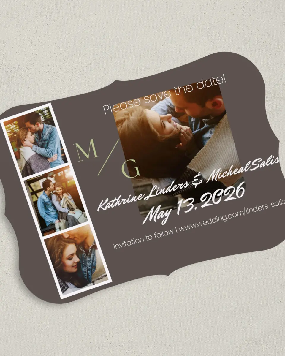 This is a 5" x 7" Save the Date Card called A Photo Booth printed in full color on Premium Smooth paper