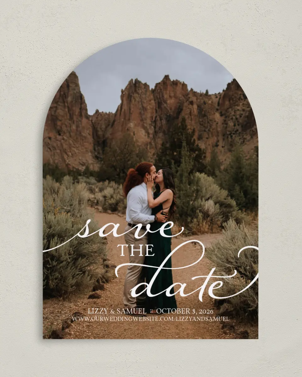 This is a 5" x 7" Arch Save the Date called Scripted Embrace printed in full color on Premium Smooth paper