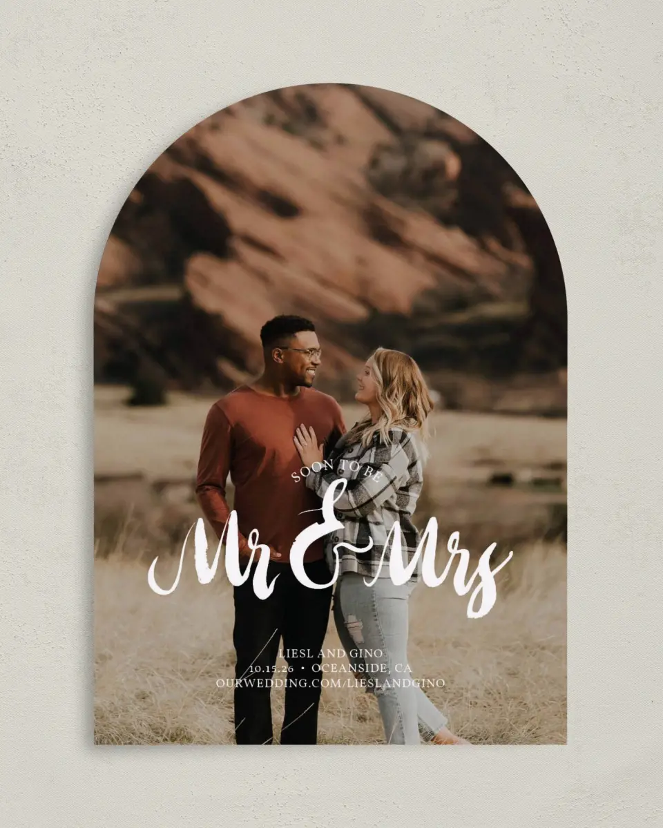 This is a 5" x 7" Arch Save the Date called Soon to Be printed in full color on Premium Smooth paper