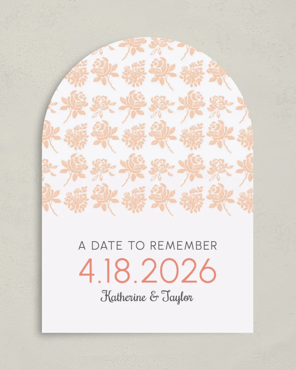 This is a 5" x 7" Arch Save the Date called Elegant Floral printed in full color on Premium Smooth paper