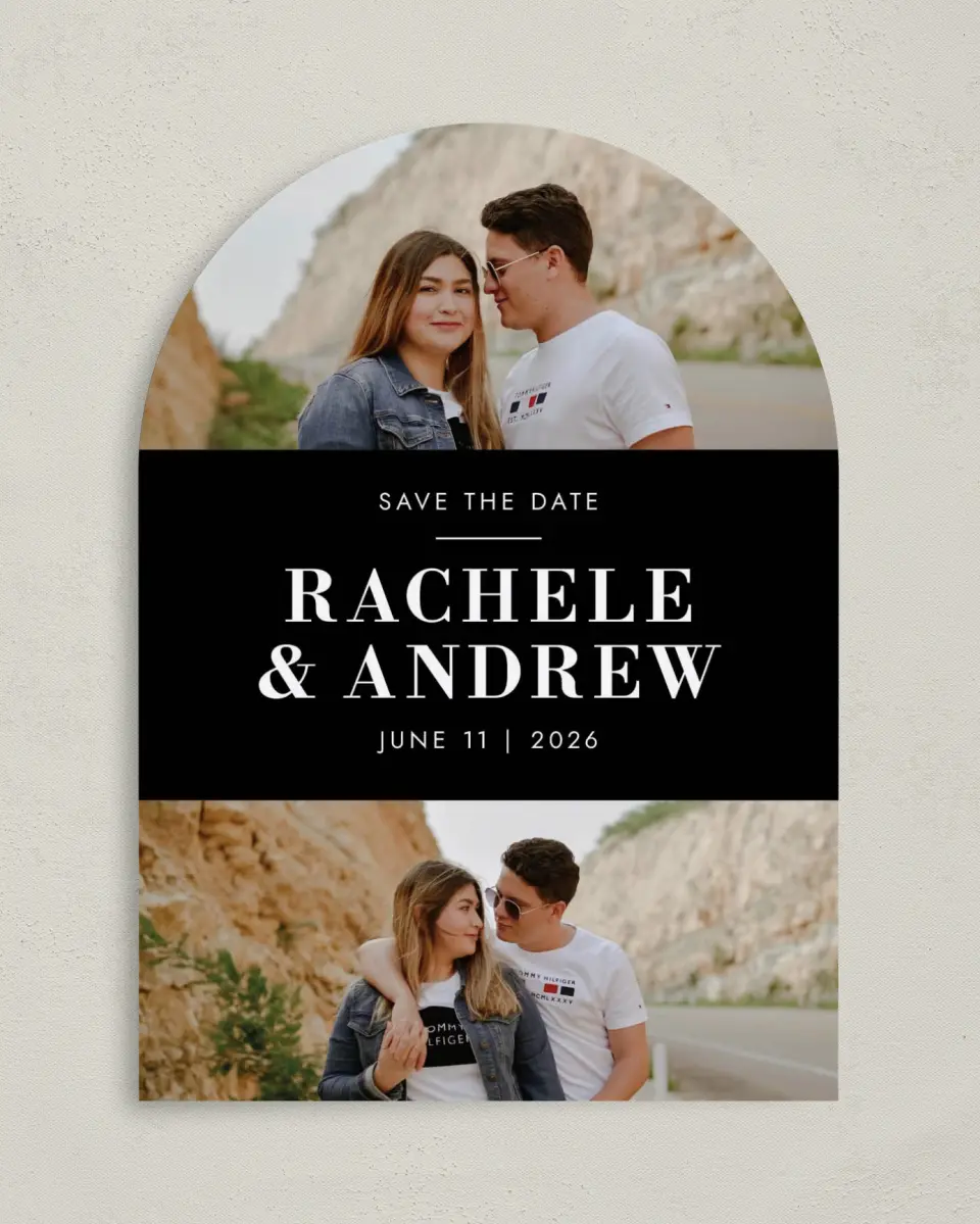 This is a 5" x 7" Arch Save the Date called Love Boldly printed in full color on Premium Smooth paper