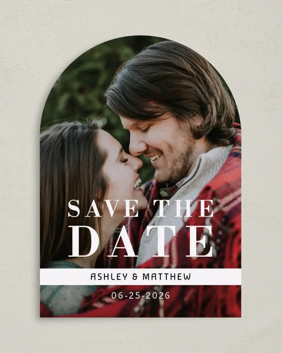 This is a 5" x 7" Arch Save the Date called Audacious Love printed in full color on Premium Smooth paper