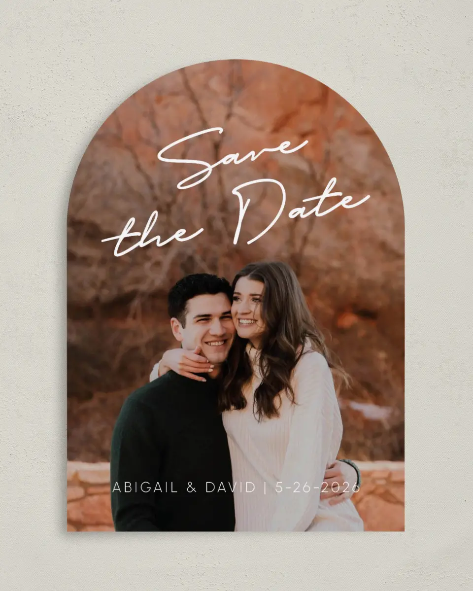This is a 5" x 7" Arch Save the Date called Sunset Vision printed in full color on Premium Smooth paper