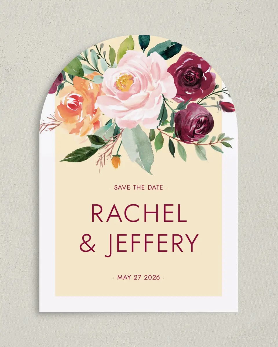 This is a 5" x 7" Arch Save the Date called Country Florals printed in full color on Premium Smooth paper