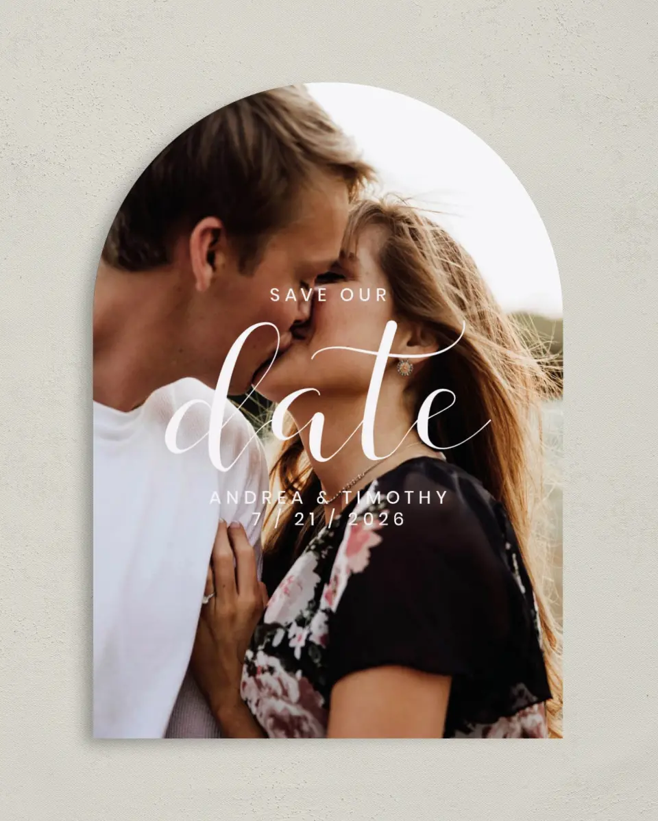 This is a 5" x 7" Arch Save the Date called Modern Moments printed in full color on Premium Smooth paper