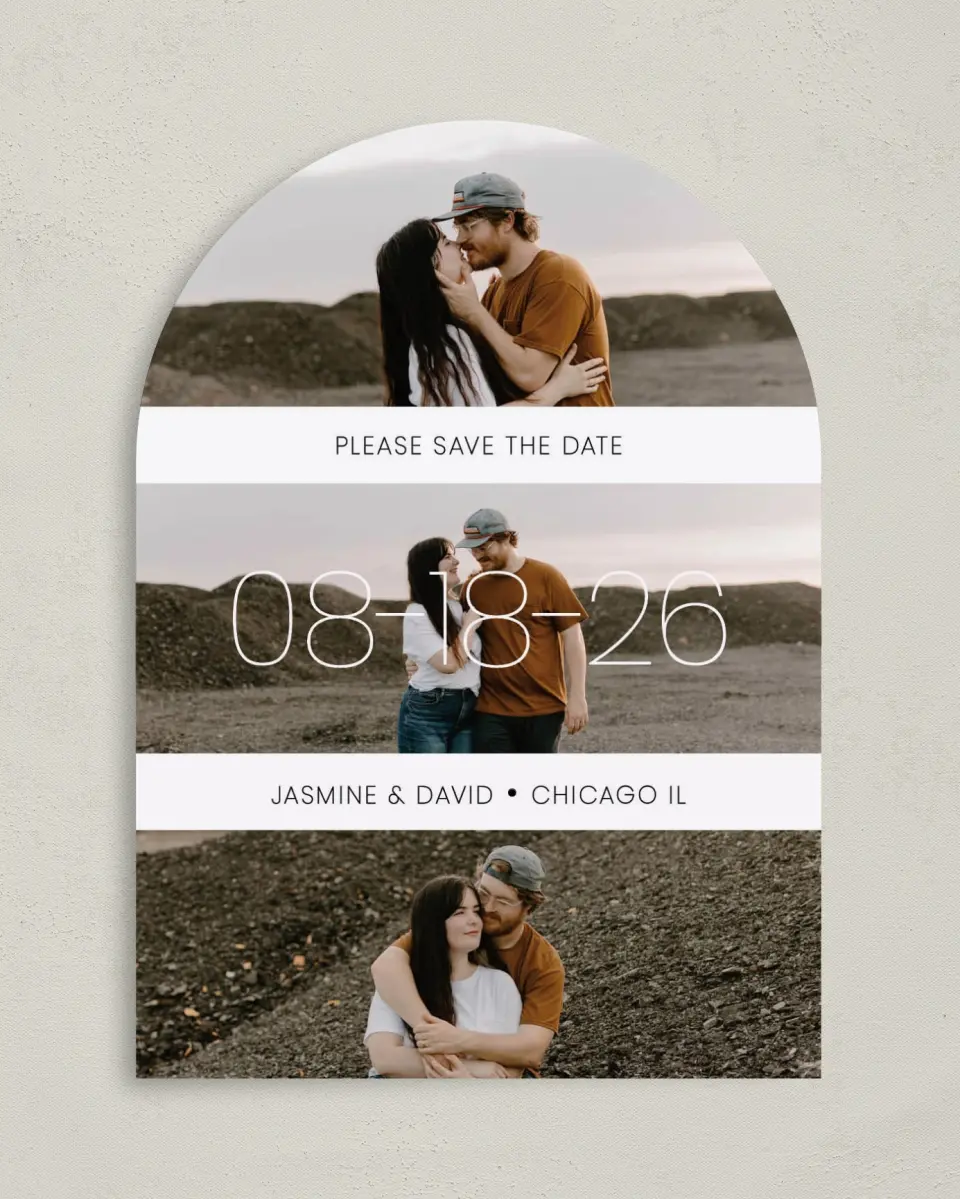 This is a 5" x 7" Arch Save the Date called Splendid Stripes printed in full color on Premium Smooth paper