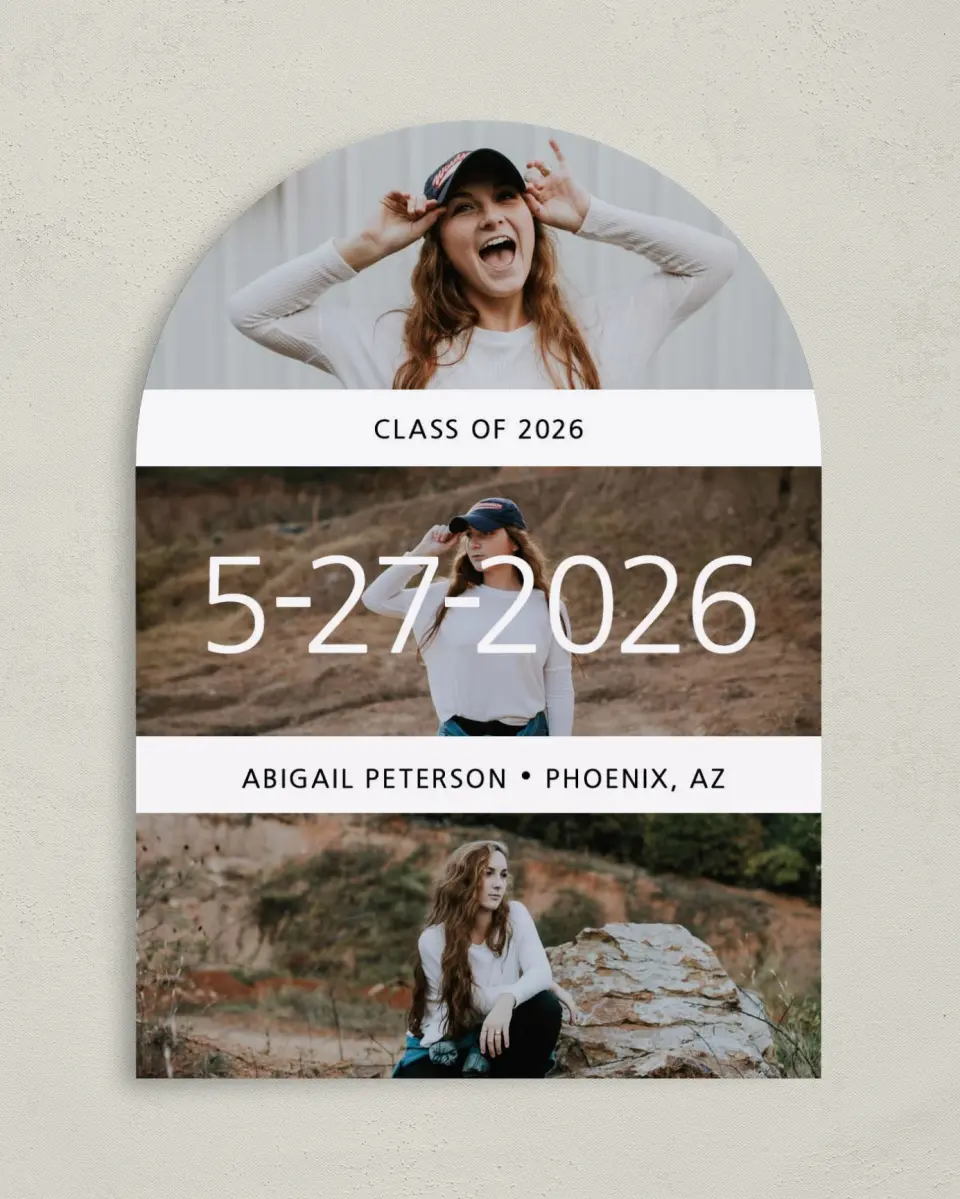 This is a 5" x 7" Graduation Announcement Card called Triumphant Trio printed in full color on Premium Smooth paper