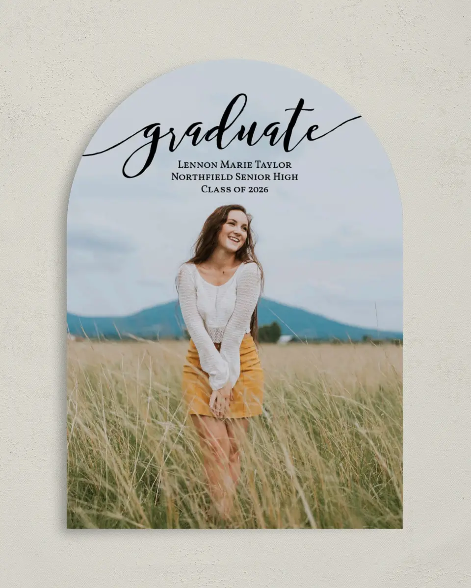 This is a 5" x 7" Graduation Announcement Card called Scripted Graduate printed in full color on Premium Smooth paper