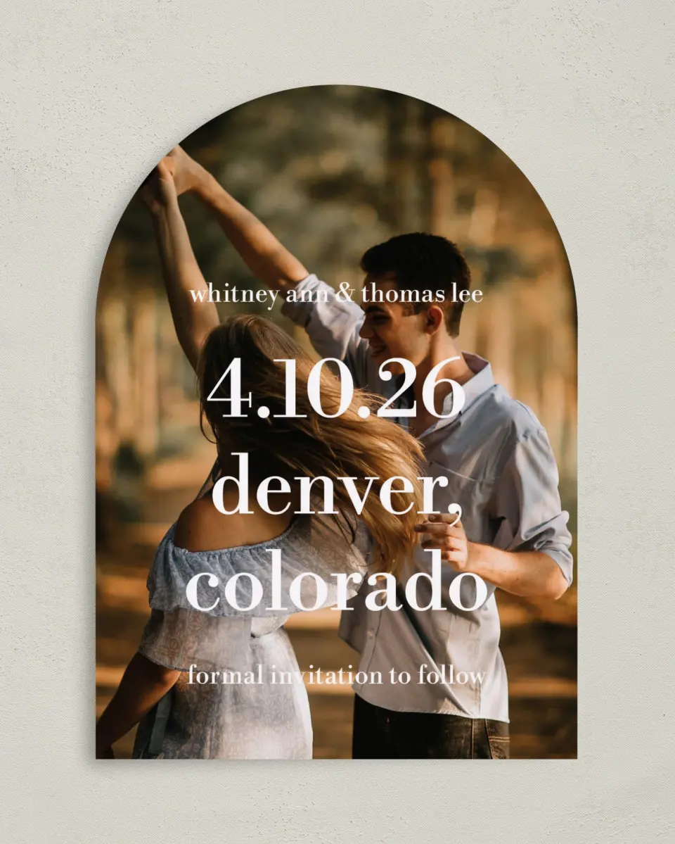 This is a 5" x 7" Arch Save the Date called Date + Place printed in full color on Premium Smooth paper