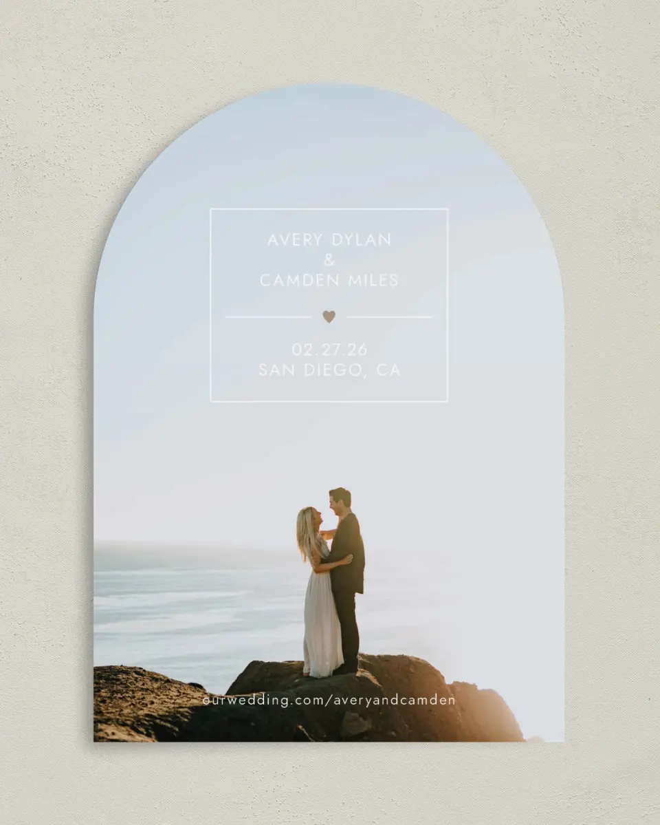 This is a 5" x 7" Arch Save the Date called Majestic Heart printed in full color on Premium Smooth paper