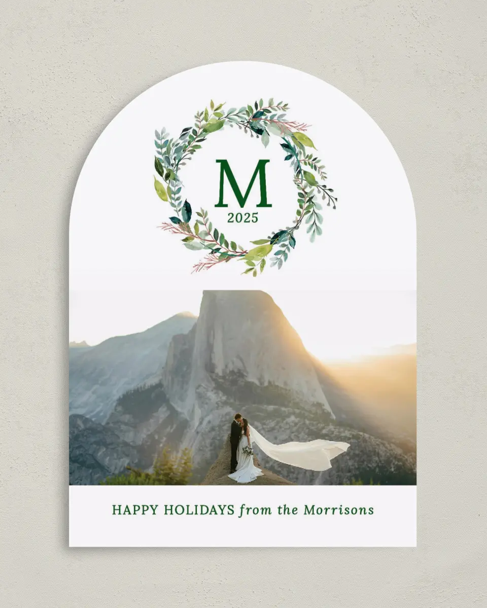 This is a 5" x 7" Christmas Card called Wreath Wishes printed in full color on Premium Smooth paper