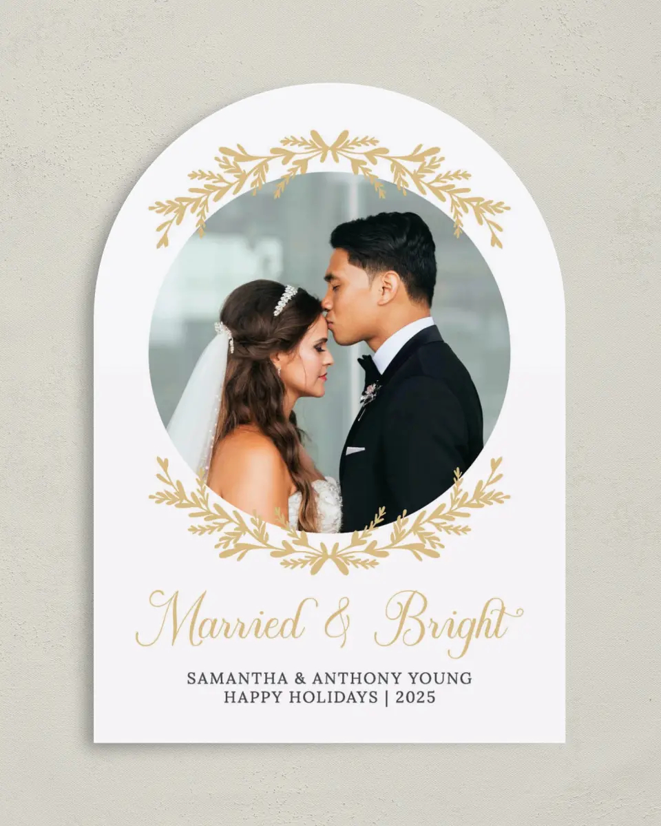 This is a 5" x 7" Christmas Card called Framed Branches printed in full color with Gold foil on Soft Suede (coated) paper
