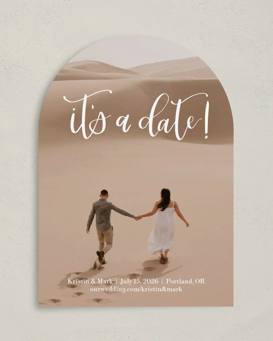 This is a 5" x 7" Arch Save the Date called Make Our Day printed in full color on Premium Smooth paper
