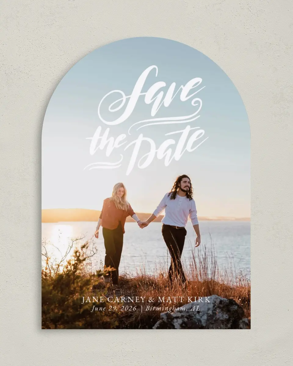 This is a 5" x 7" Arch Save the Date called Rooftop Romance printed in full color on Premium Smooth paper