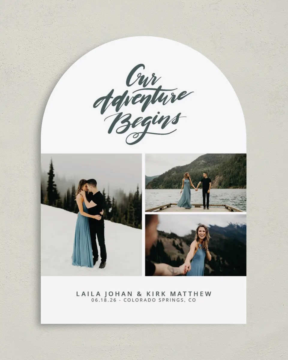 This is a 5" x 7" Arch Save the Date called Dream Adventure printed in full color on Premium Smooth paper