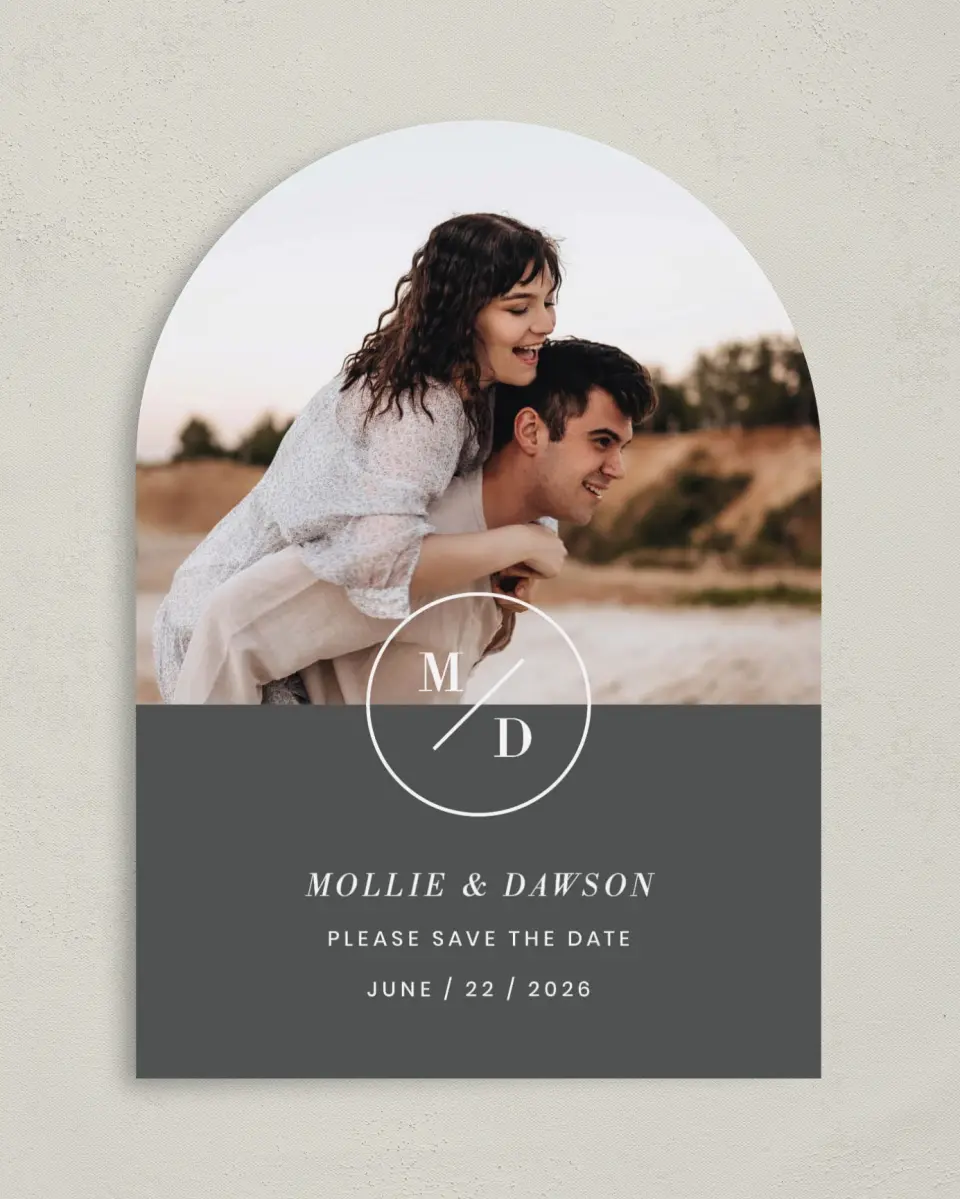 This is a 5" x 7" Arch Save the Date called New Monogram printed in full color on Premium Smooth paper