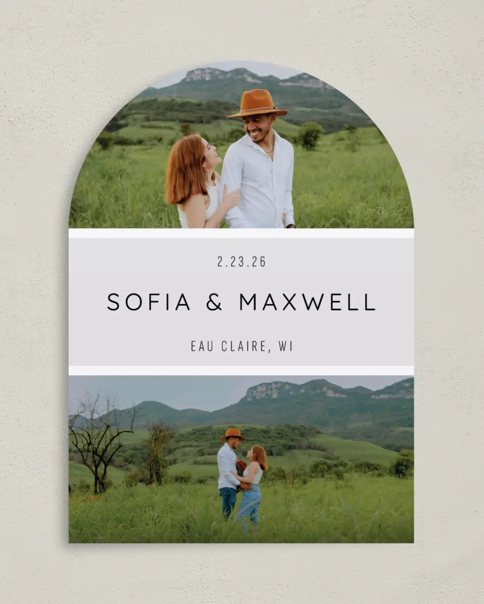 This is a 5" x 7" Arch Save the Date called Splendid Moment printed in full color on Premium Smooth paper