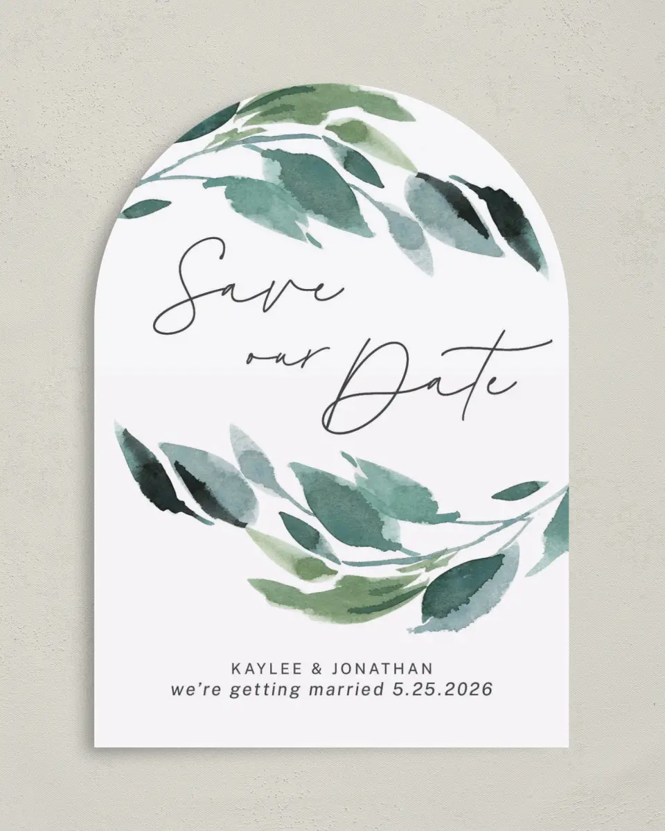 This is a 5" x 7" Arch Save the Date called Gorgeous Greens printed in full color on Premium Smooth paper
