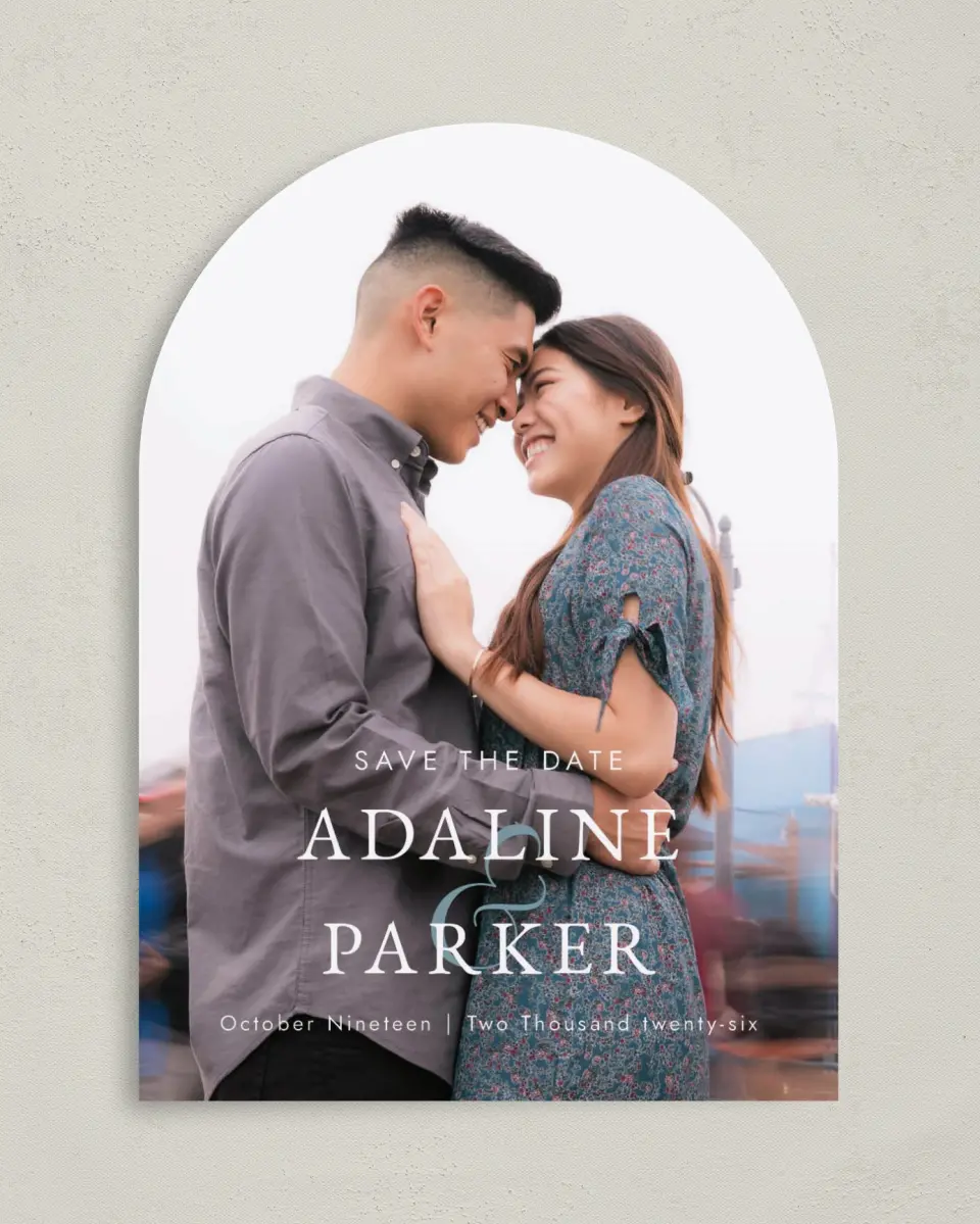 This is a 5" x 7" Arch Save the Date called By My Side printed in full color on Premium Smooth paper