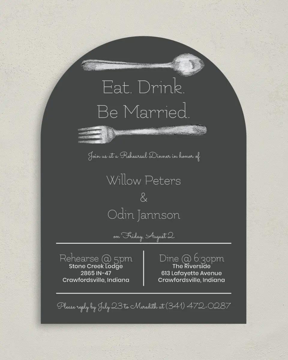 This is a 5" x 7" Rehearsal Dinner Invitation called Rehearsal Eats printed in full color on Premium Smooth paper