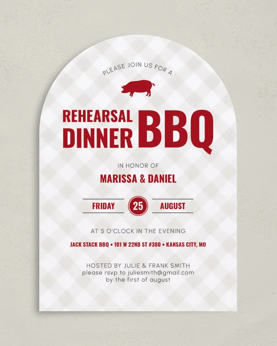 This is a 5" x 7" Rehearsal Dinner Invitation called Rehearsal BBQ printed in full color on Premium Smooth paper