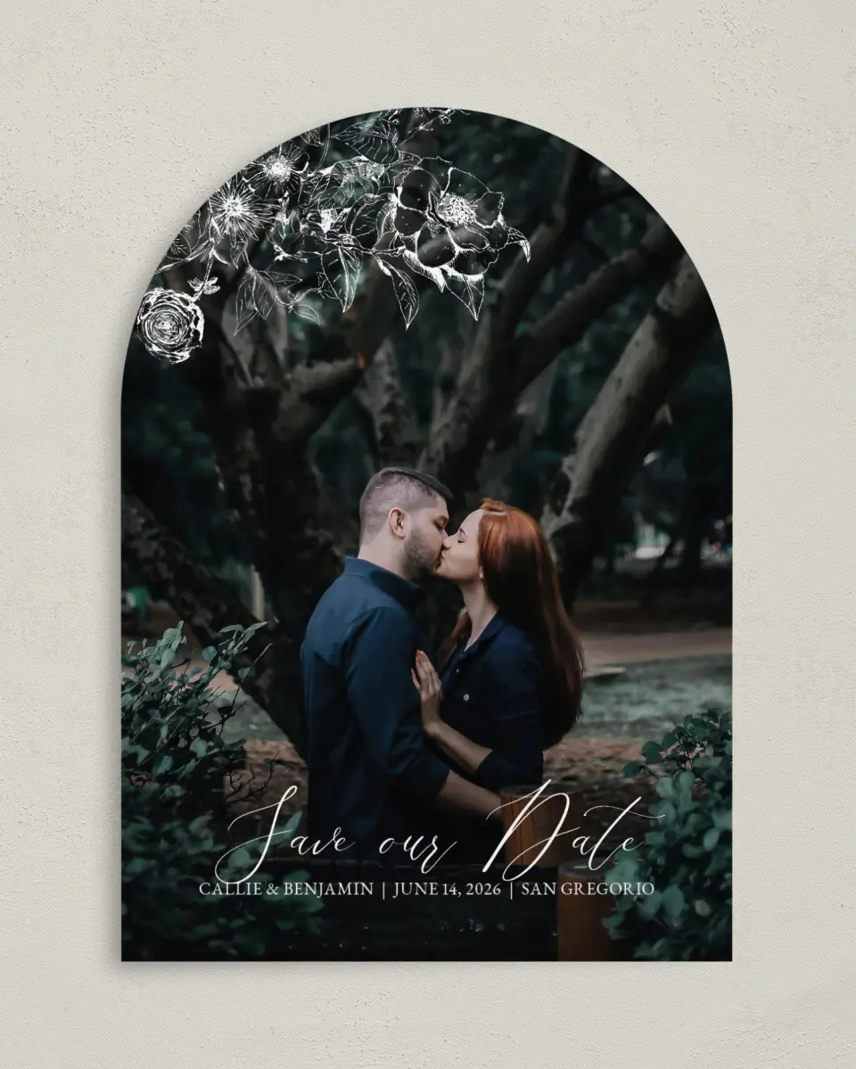 This is a 5" x 7" Arch Save the Date called Gentle Bouquet printed in full color on Premium Smooth paper