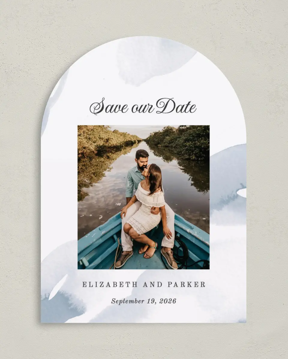 This is a 5" x 7" Arch Save the Date called Painted Majesty printed in full color on Premium Smooth paper
