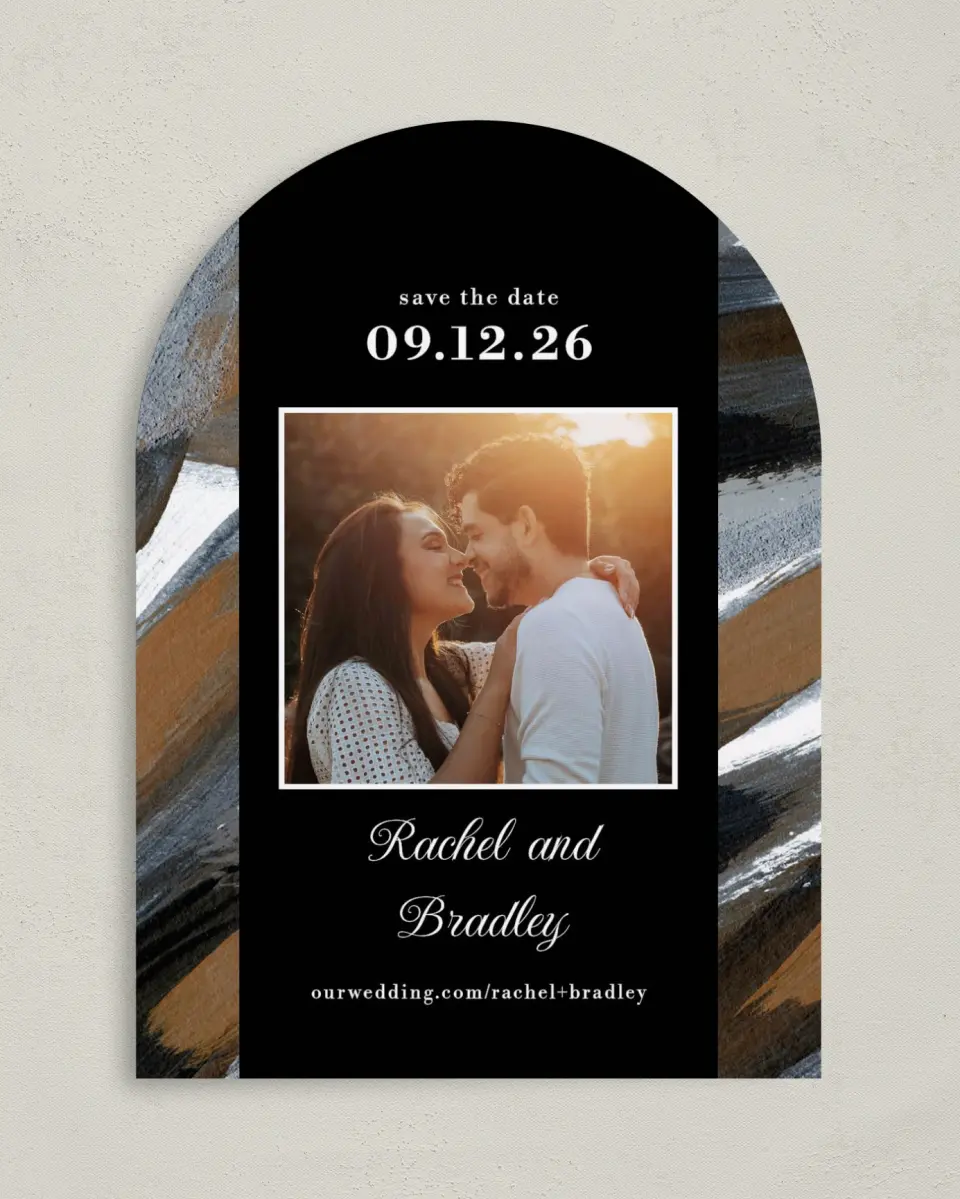 This is a 5" x 7" Arch Save the Date called Moody Swashes printed in full color on Premium Smooth paper