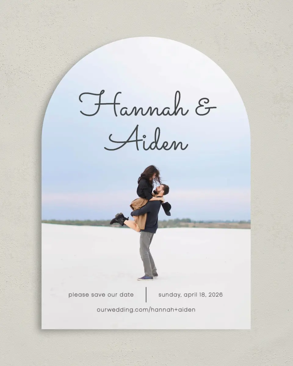 This is a 5" x 7" Arch Save the Date called Watercolor Rapture printed in full color on Premium Smooth paper