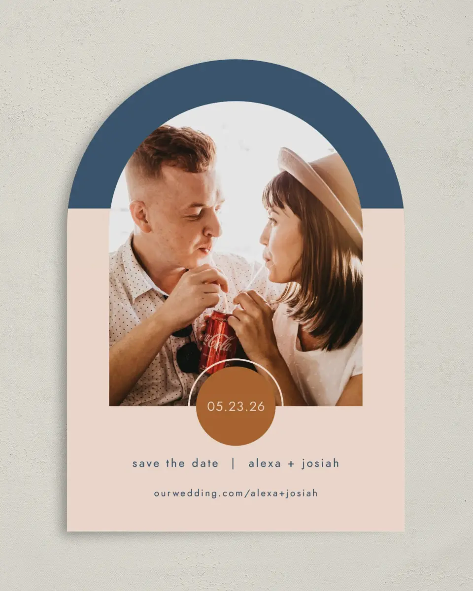 This is a 5" x 7" Arch Save the Date called Our Beginning printed in full color on Premium Smooth paper