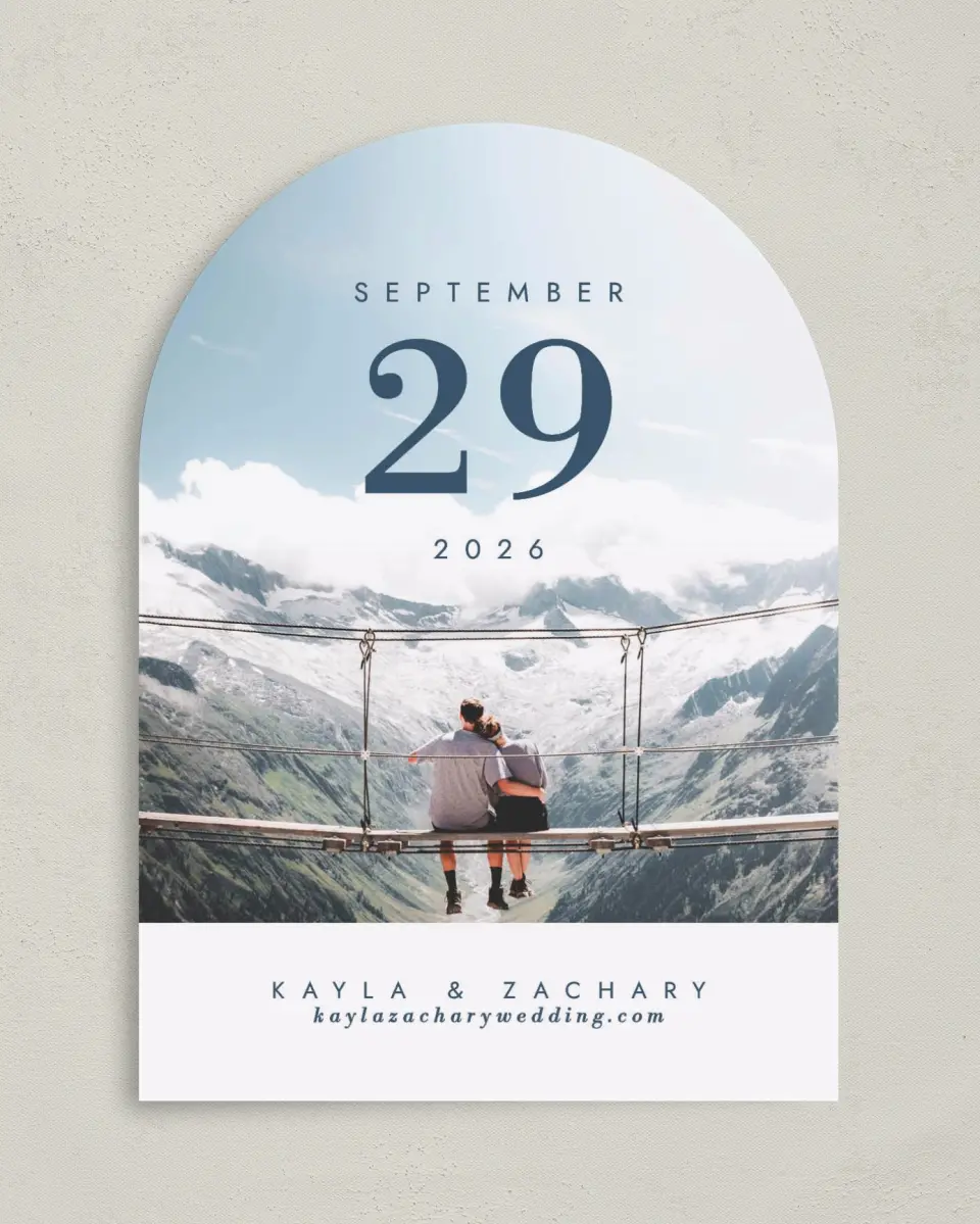 This is a 5" x 7" Arch Save the Date called Perfect Picture printed in full color on Premium Smooth paper