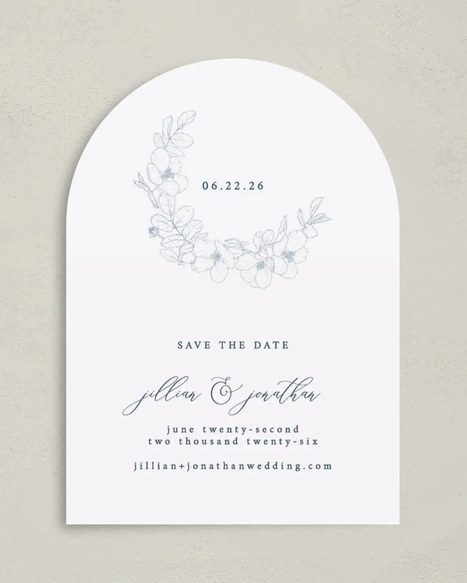 This is a 5" x 7" Arch Save the Date called Floral Sketch printed in full color on Premium Smooth paper