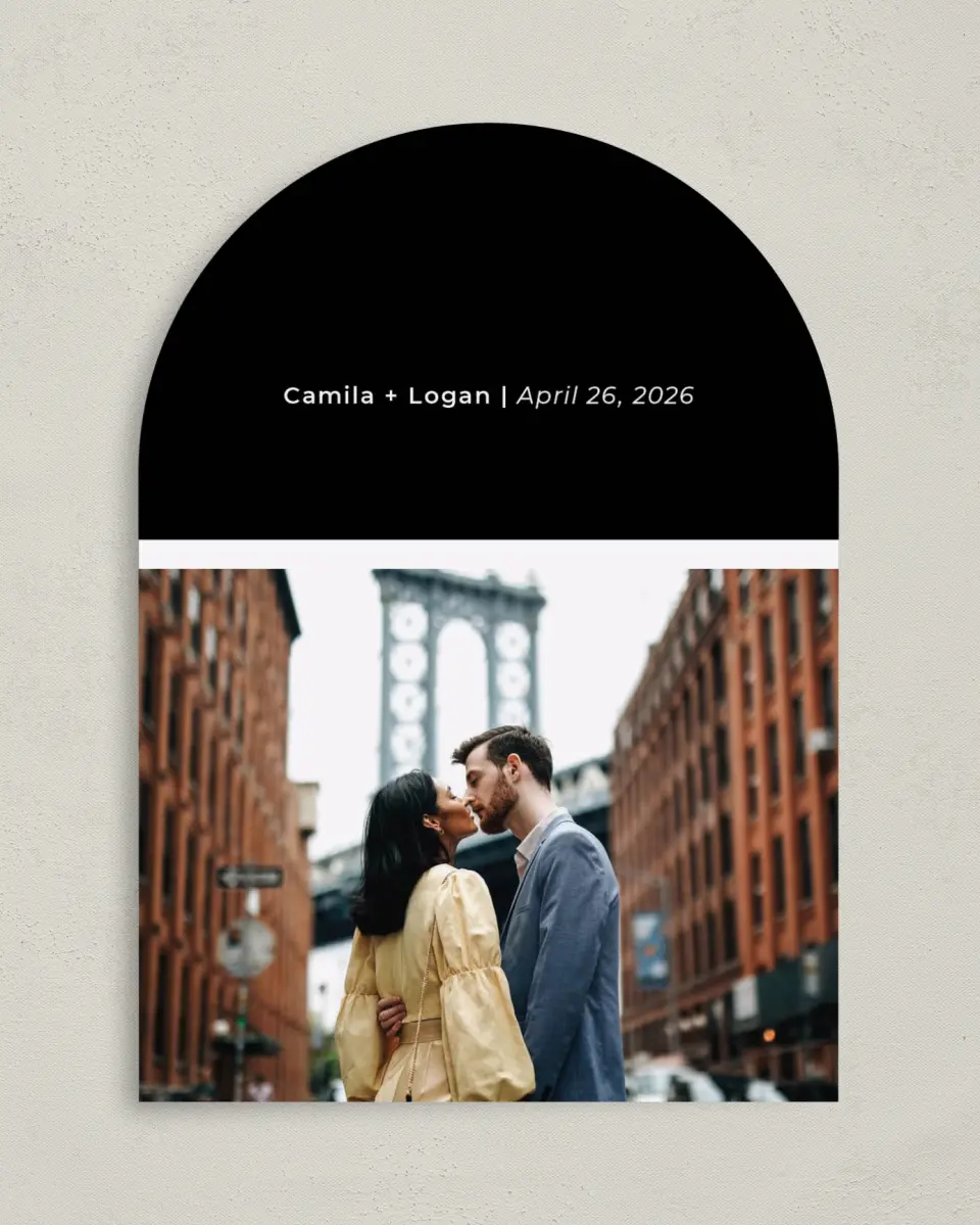 This is a 5" x 7" Arch Save the Date called Bold Heading printed in full color on Premium Smooth paper