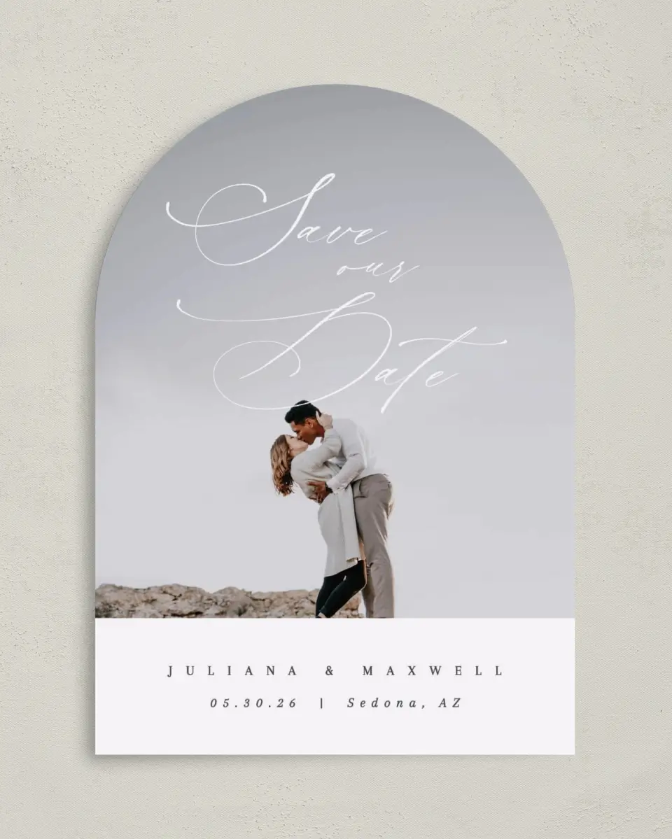 This is a 5" x 7" Arch Save the Date called Loveswept printed in full color on Premium Smooth paper