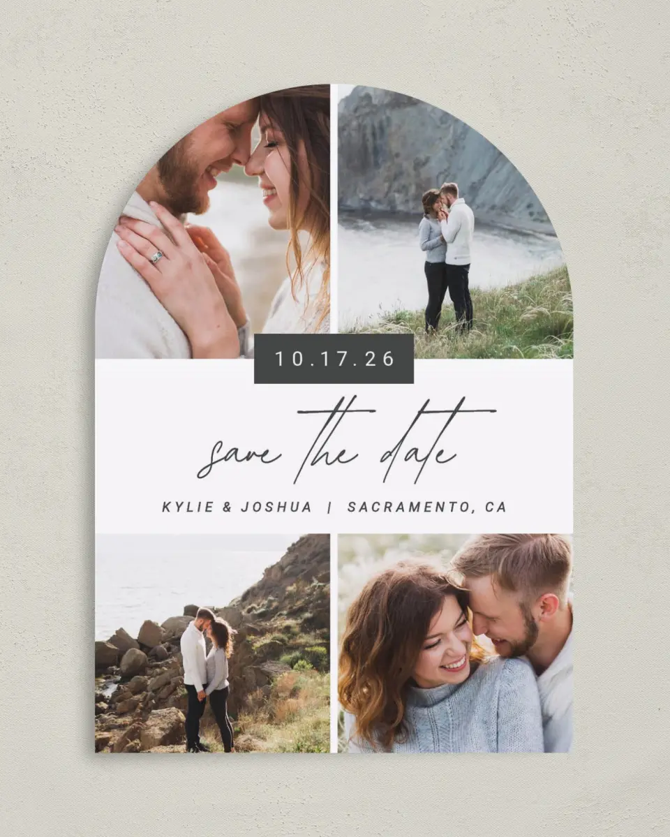 This is a 5" x 7" Arch Save the Date called Corner Photos printed in full color on Premium Smooth paper