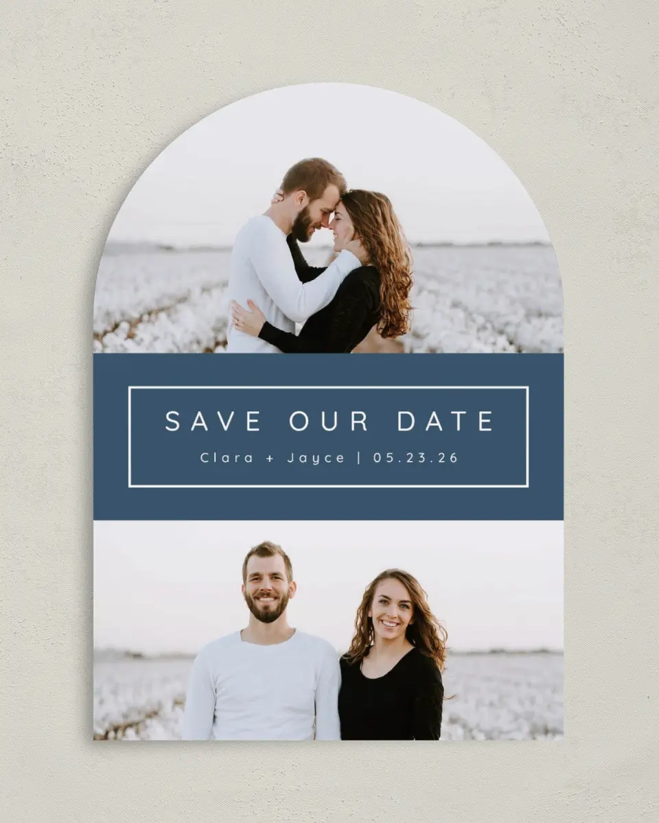 This is a 5" x 7" Arch Save the Date called Field of Blooms printed in full color on Premium Smooth paper