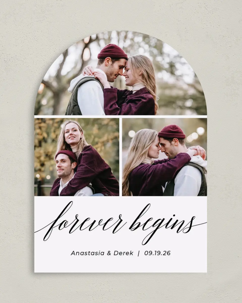 This is a 5" x 7" Arch Save the Date called Forever printed in full color on Premium Smooth paper