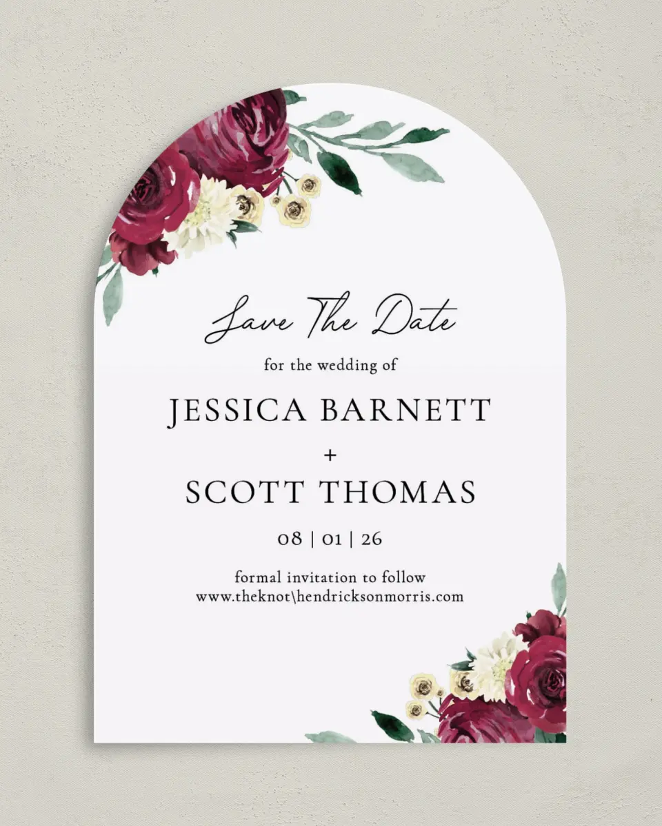 This is a 5" x 7" Arch Save the Date called Floral Touch printed in full color on Premium Smooth paper
