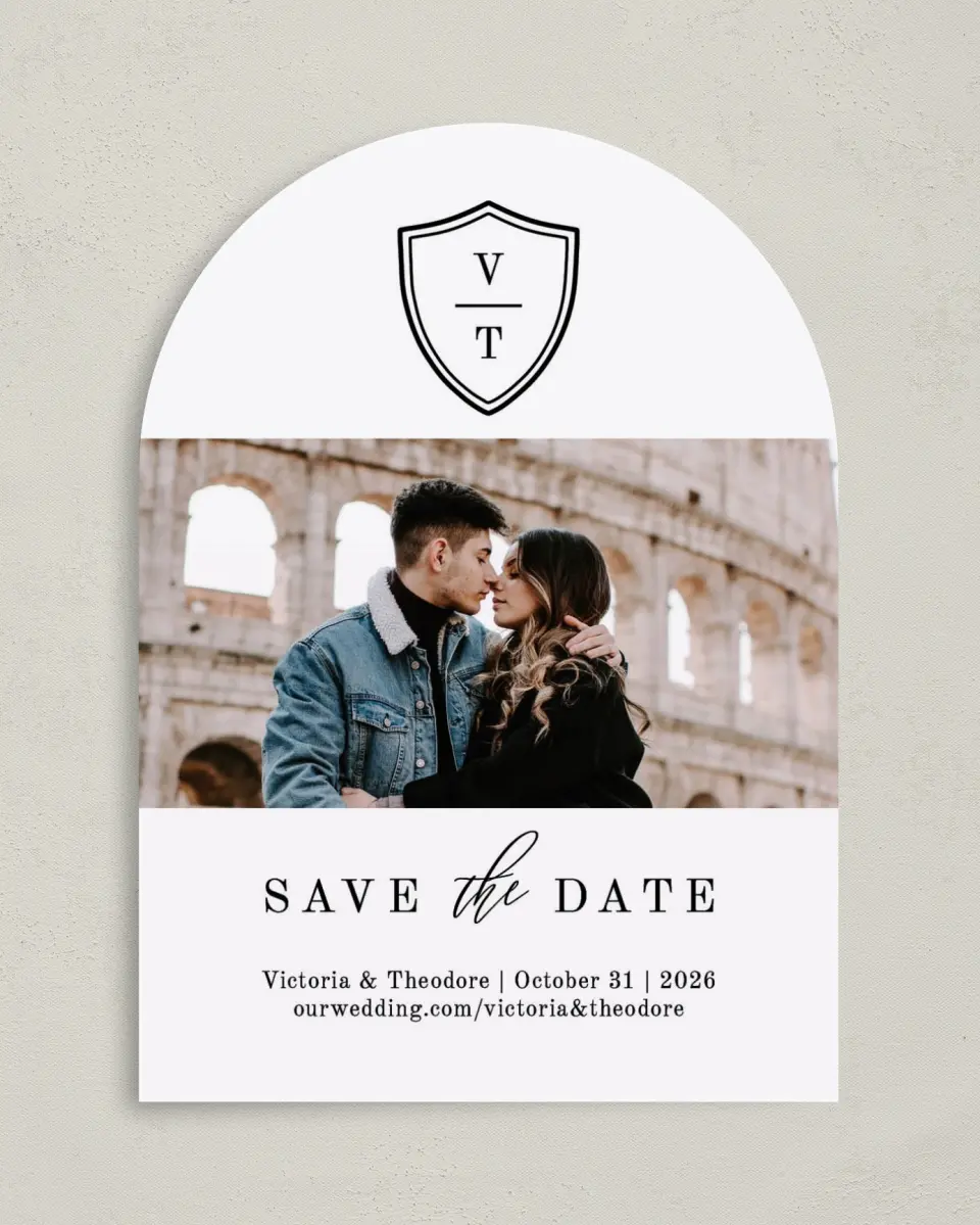 This is a 5" x 7" Arch Save the Date called Shield of Love printed in full color on Premium Smooth paper